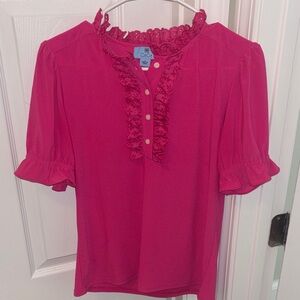 CeCe Fuchsia Ruffled Short Sleeve Blouse